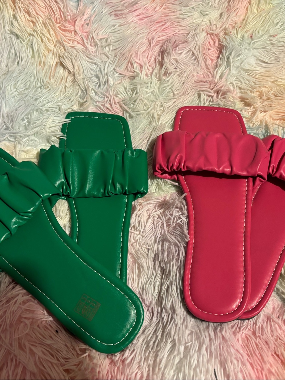 Ruffled Slide Sandals in Green & Hot Pink